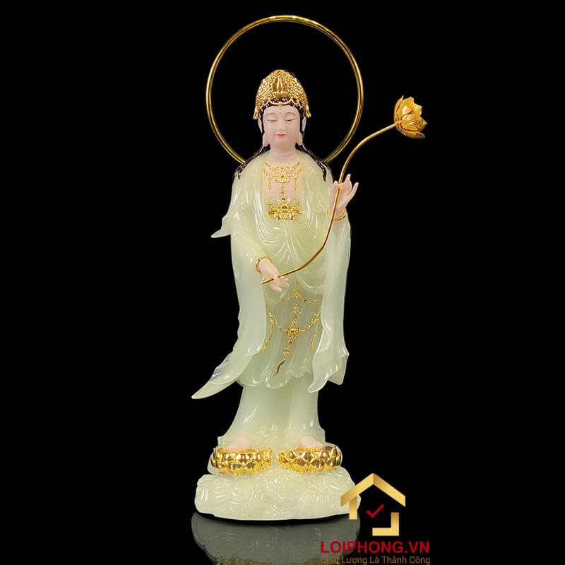 Tượng Phật Tây Phương Tam Thánh Đứng Đài Sen Bằng Bột Đá Thạch Ngọc Có Hào Quang cao từ 48 – 90cm