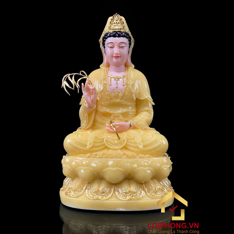 Tượng Phật Tây Phương Tam Thánh Ngồi Đài Sen Bằng Bột Đá Thạch Anh Viền Vàng cao từ 30 – 65cm