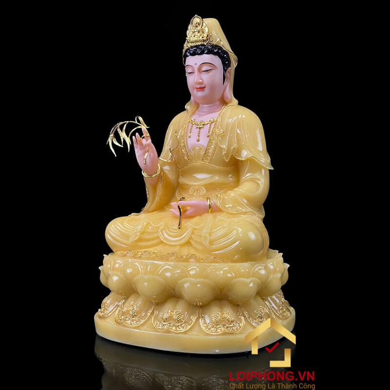 Tượng Phật Tây Phương Tam Thánh Ngồi Đài Sen Bằng Bột Đá Thạch Anh Viền Vàng cao từ 30 – 65cm