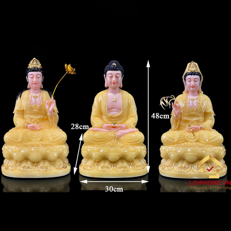 Tượng Phật Tây Phương Tam Thánh Ngồi Đài Sen Bằng Bột Đá Thạch Anh Viền Vàng cao từ 30 – 65cm