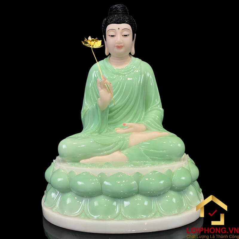 Tượng Phật Thích Ca ngồi đế sen bằng bột đá xanh ngọc tay cầm hoa sen vàng cao từ 20 cm đến 150 cm