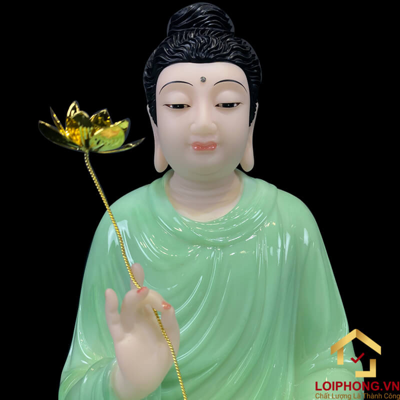 Tượng Phật Thích Ca ngồi đế sen bằng bột đá xanh ngọc tay cầm hoa sen vàng cao từ 20 cm đến 150 cm