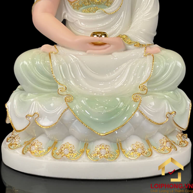Tượng Phật Thích Ca Ngồi Đế Hoa Sen Có Lá Đề Bằng Bột Đá Cẩm Thạch Thiên Thanh Viền Vàng Cao 40 – 90 cm