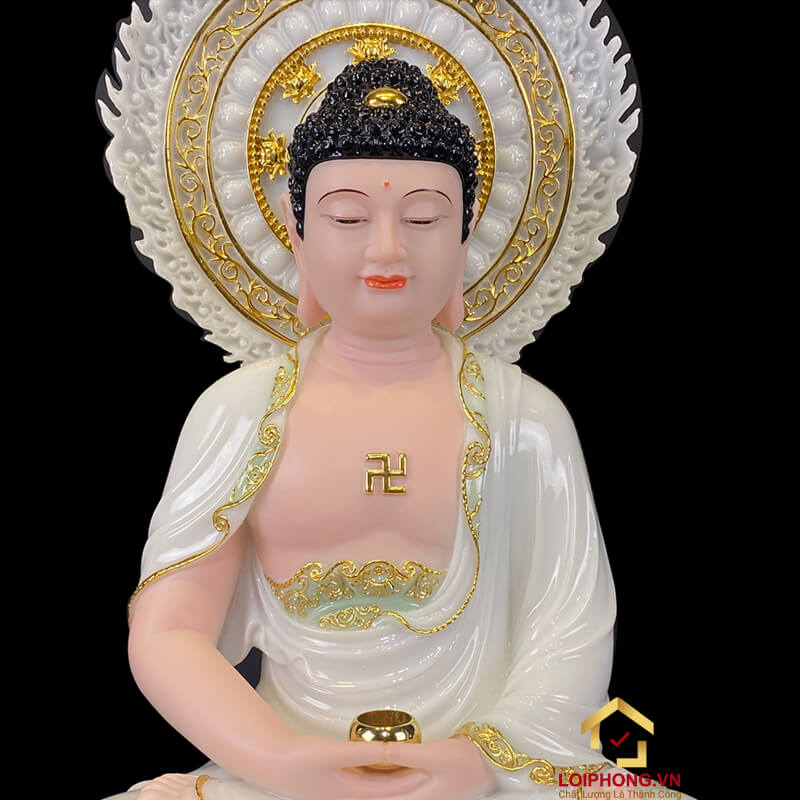 Tượng Phật Thích Ca Ngồi Đế Hoa Sen Có Lá Đề Bằng Bột Đá Cẩm Thạch Thiên Thanh Viền Vàng Cao 40 – 90 cm