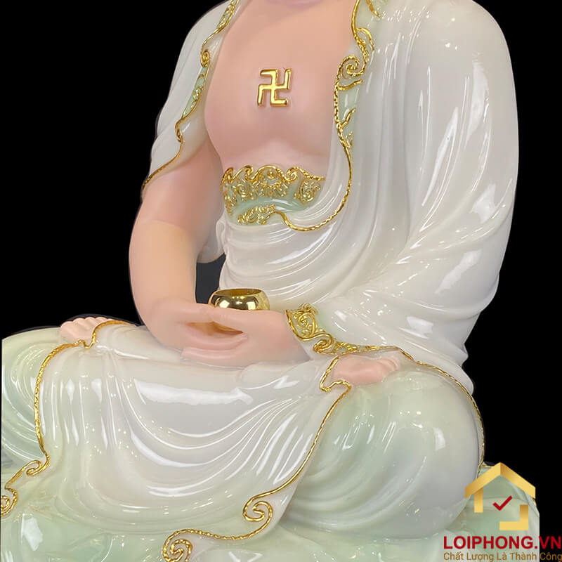 Tượng Phật Thích Ca Ngồi Đế Hoa Sen Có Lá Đề Bằng Bột Đá Cẩm Thạch Thiên Thanh Viền Vàng Cao 40 – 90 cm