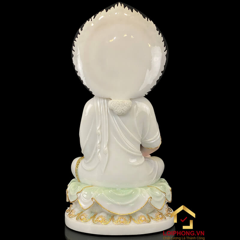 Tượng Phật Thích Ca Ngồi Đế Hoa Sen Có Lá Đề Bằng Bột Đá Cẩm Thạch Thiên Thanh Viền Vàng Cao 40 – 90 cm