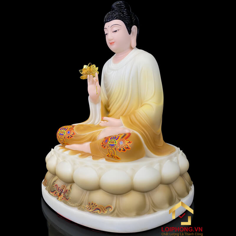 Tượng Phật Thích Ca Ngồi Đế Hoa Sen Vẽ Hoa Bằng Bột Đá Sơn Cao 40cm, 48cm