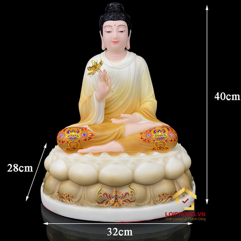 Tượng Phật Thích Ca Ngồi Đế Hoa Sen Vẽ Hoa Bằng Bột Đá Sơn Cao 40cm, 48cm