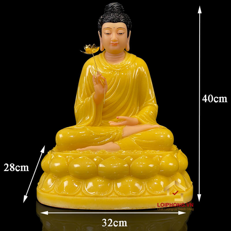 Tượng Phật Thích Ca Ngồi Đế Hoa Sen Bằng Bột Đá Thạch Anh Cao 40cm, 48cm