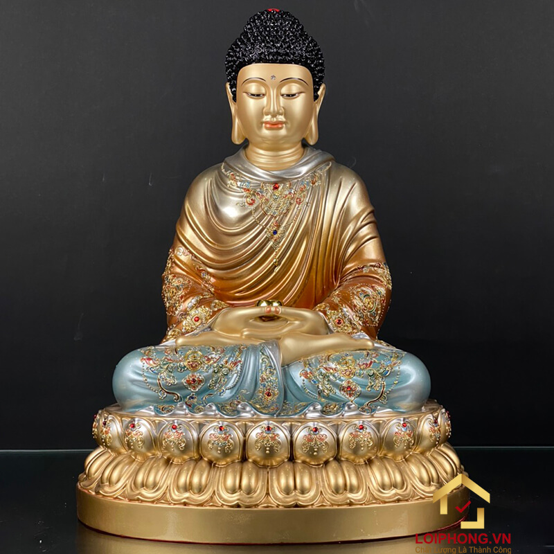Tượng Phật Thích Ca Tĩnh Tâm Ngồi Đế Hoa Sen Bằng Đồng Sơn Xanh Cao 40cm, 50cm