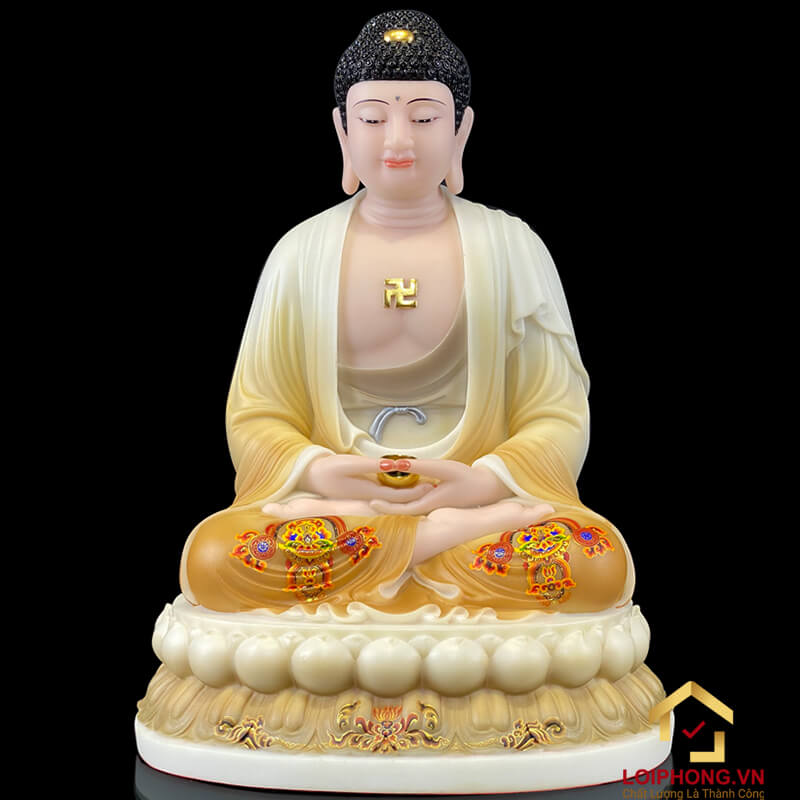 Tượng Phật Thích Ca Ngồi Đế Hoa Sen Bằng Bột Đá Sơn Vẽ Hoa Cao 30 - 48cm