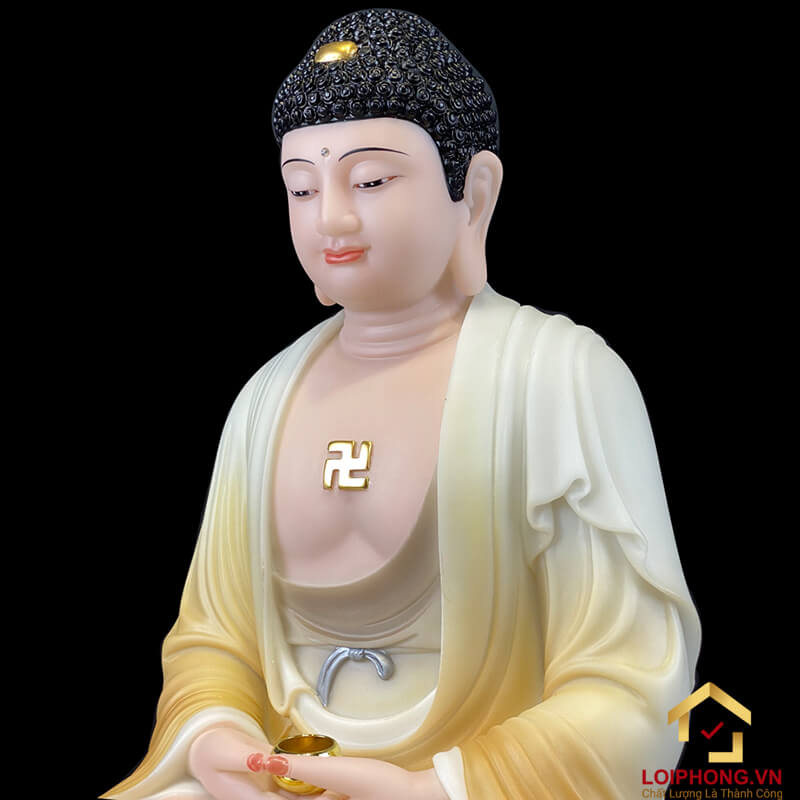 Tượng Phật Thích Ca Ngồi Đế Hoa Sen Bằng Bột Đá Sơn Vẽ Hoa Cao 30 - 48cm