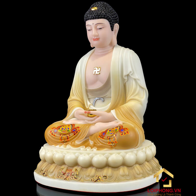 Tượng Phật Thích Ca Ngồi Đế Hoa Sen Bằng Bột Đá Sơn Vẽ Hoa Cao 30 - 48cm