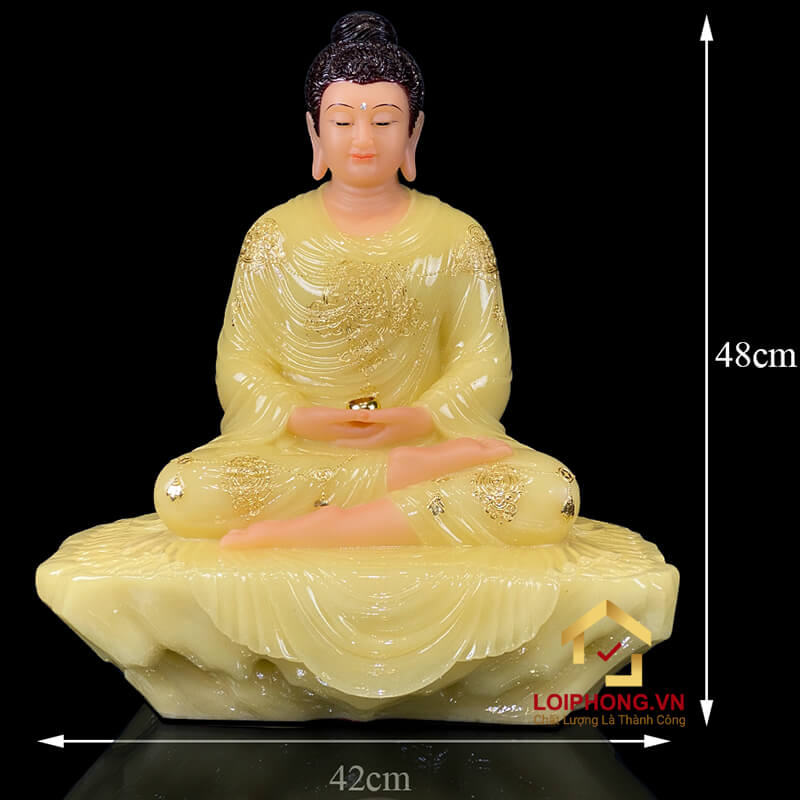 Tượng Phật Thích Ca Thành Đạo Ngồi Tĩnh Tâm Bằng Bột Đá Thạch Anh Viền Vàng Cao 48cm, 90cm