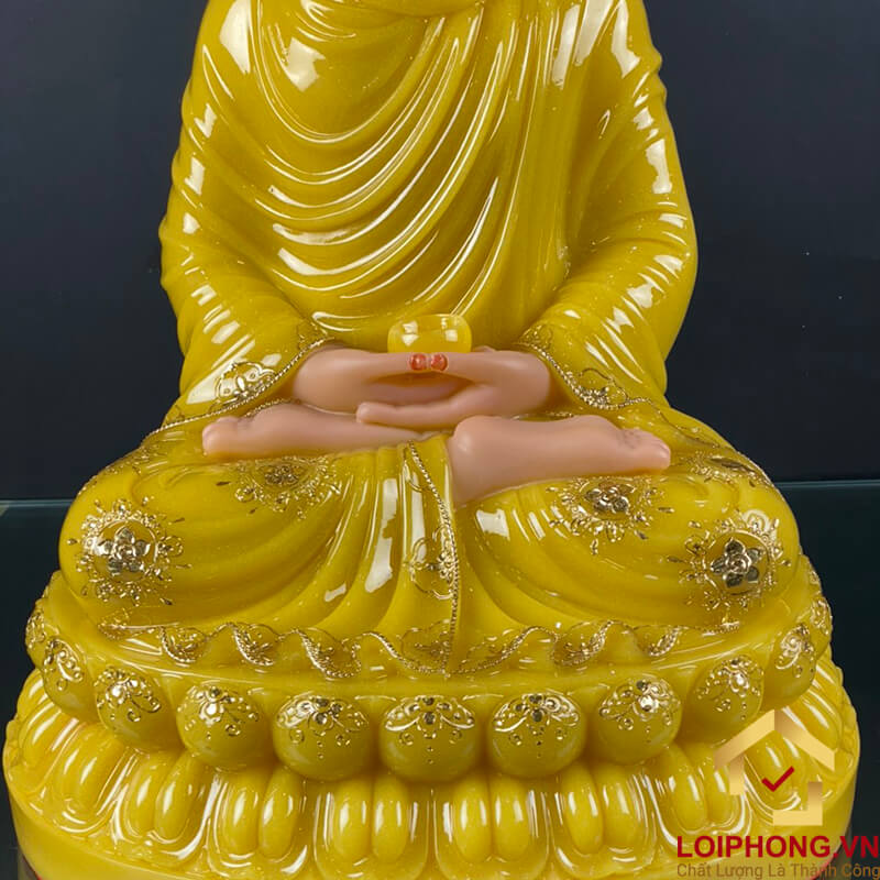 Tượng Phật Thích Ca Ngồi Tĩnh Tâm Đế Hoa Sen Bằng Bột Đá Thạch Anh Viền Vàng Cao 30 – 48cm