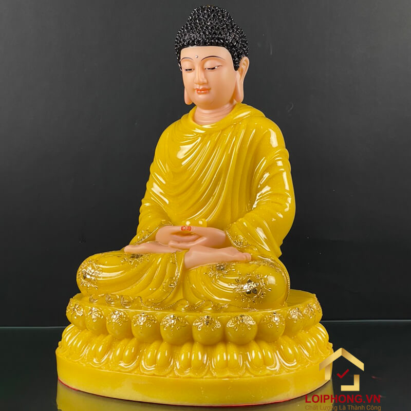 Tượng Phật Thích Ca Ngồi Tĩnh Tâm Đế Hoa Sen Bằng Bột Đá Thạch Anh Viền Vàng Cao 30 – 48cm