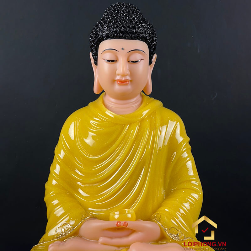Tượng Phật Thích Ca Ngồi Tĩnh Tâm Đế Hoa Sen Bằng Bột Đá Thạch Anh Viền Vàng Cao 30 – 48cm