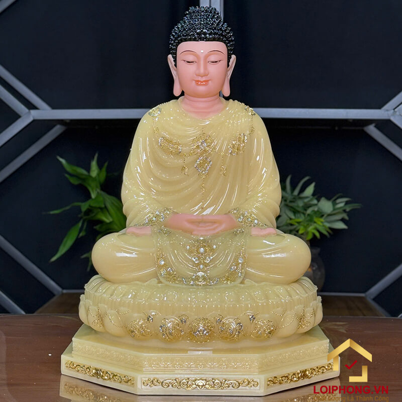 Tượng Phật Thích Ca Tĩnh Tâm Ngồi Đài Sen 8 Cạnh Bằng Bột Đá Thạch Anh Viền Vàng Cao 48cm