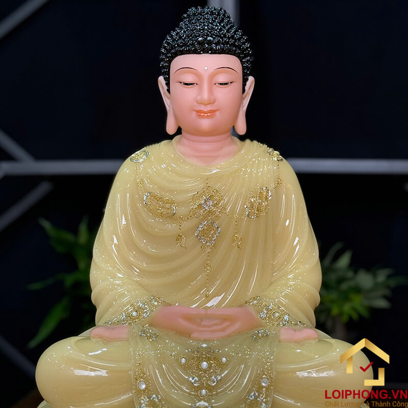 Tượng Phật Thích Ca Tĩnh Tâm Ngồi Đài Sen 8 Cạnh Bằng Bột Đá Thạch Anh Viền Vàng Cao 48cm
