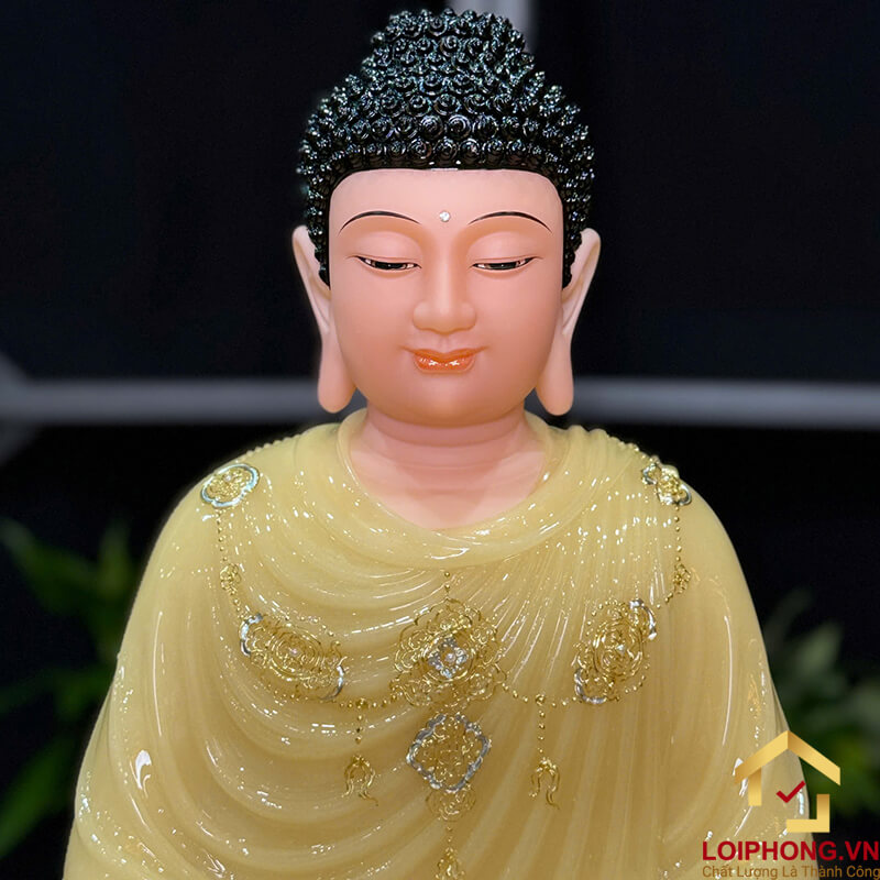 Tượng Phật Thích Ca Tĩnh Tâm Ngồi Đài Sen 8 Cạnh Bằng Bột Đá Thạch Anh Viền Vàng Cao 48cm