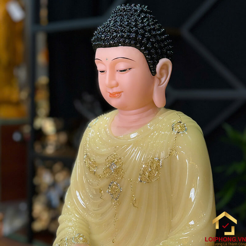 Tượng Phật Thích Ca Tĩnh Tâm Ngồi Đài Sen 8 Cạnh Bằng Bột Đá Thạch Anh Viền Vàng Cao 48cm