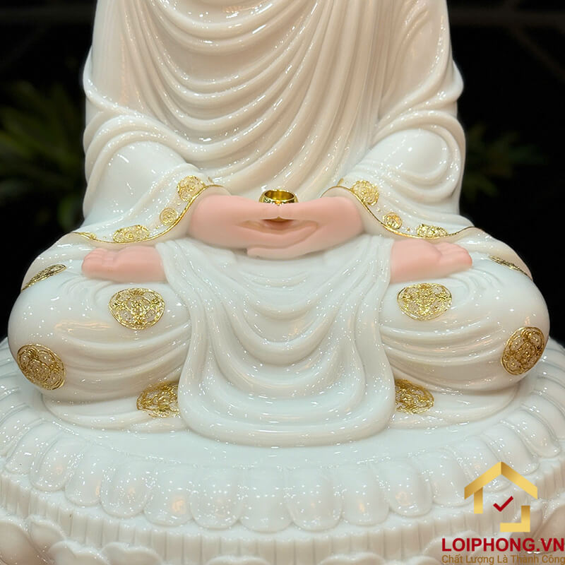 Tượng Phật Thích Ca Tĩnh Tâm Ngồi Đài Sen 8 Cạnh Bằng Bột Đá Trắng Viền Vàng Cao 65 cm