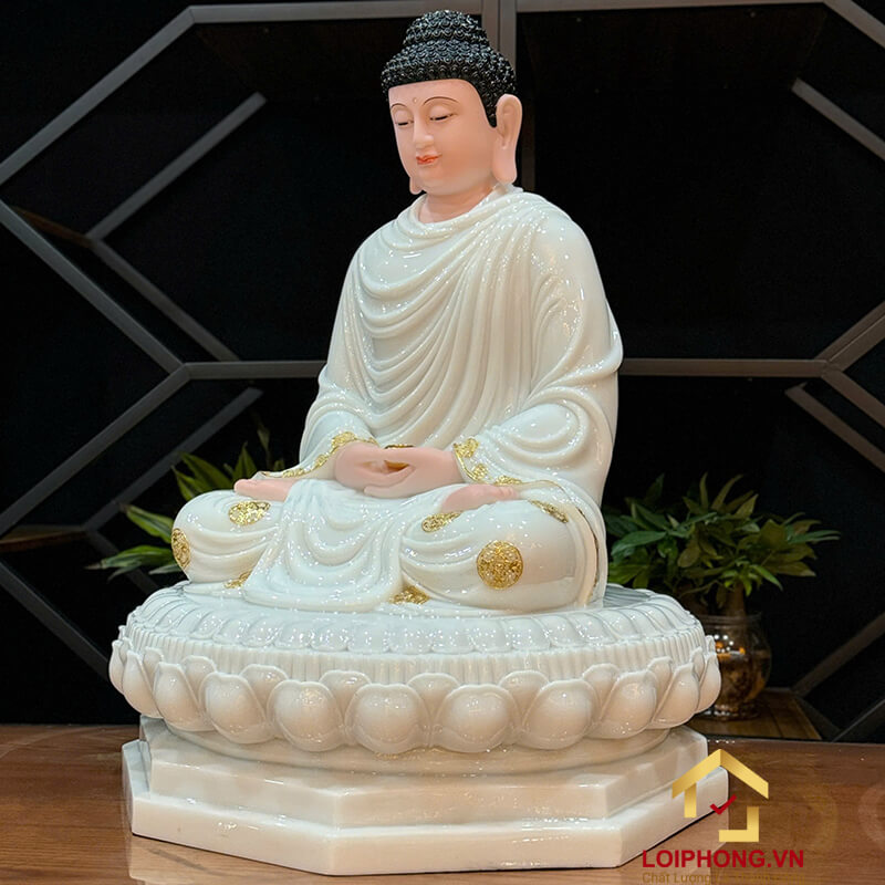 Tượng Phật Thích Ca Tĩnh Tâm Ngồi Đài Sen 8 Cạnh Bằng Bột Đá Trắng Viền Vàng Cao 65 cm