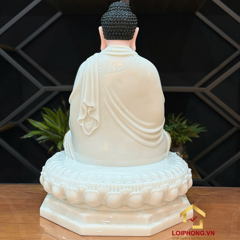 Tượng Phật Thích Ca Tĩnh Tâm Ngồi Đài Sen 8 Cạnh Bằng Bột Đá Trắng Viền Vàng Cao 65 cm