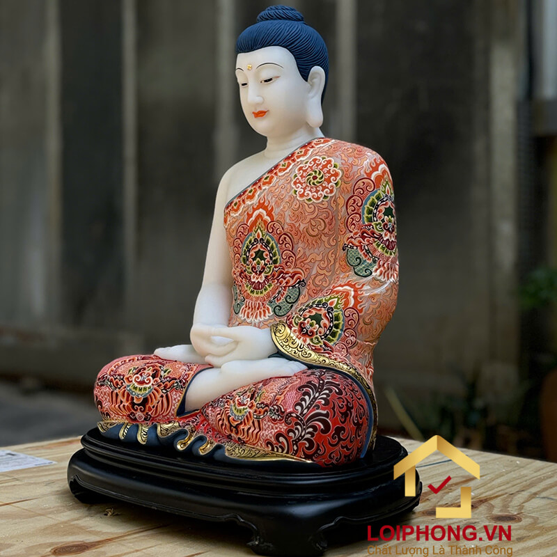Tượng Phật Thích Ca Tĩnh Tâm Bằng Ngọc Hán Bạch Vẽ Gấm Cao 40cm (Tổng Đế 48cm)