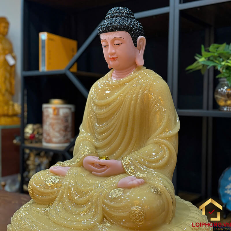 Tượng Phật Thích Ca Tĩnh Tâm Ngồi Đài Sen Tám Cạnh Bằng Bột Đá Thạch Anh Viền Vàng Cao 40cm