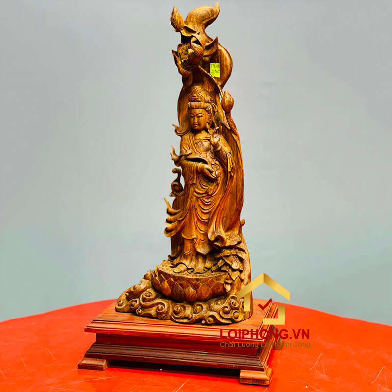 Tượng Phật Quan Âm đứng đài sen kích thước 53x24x16 cm