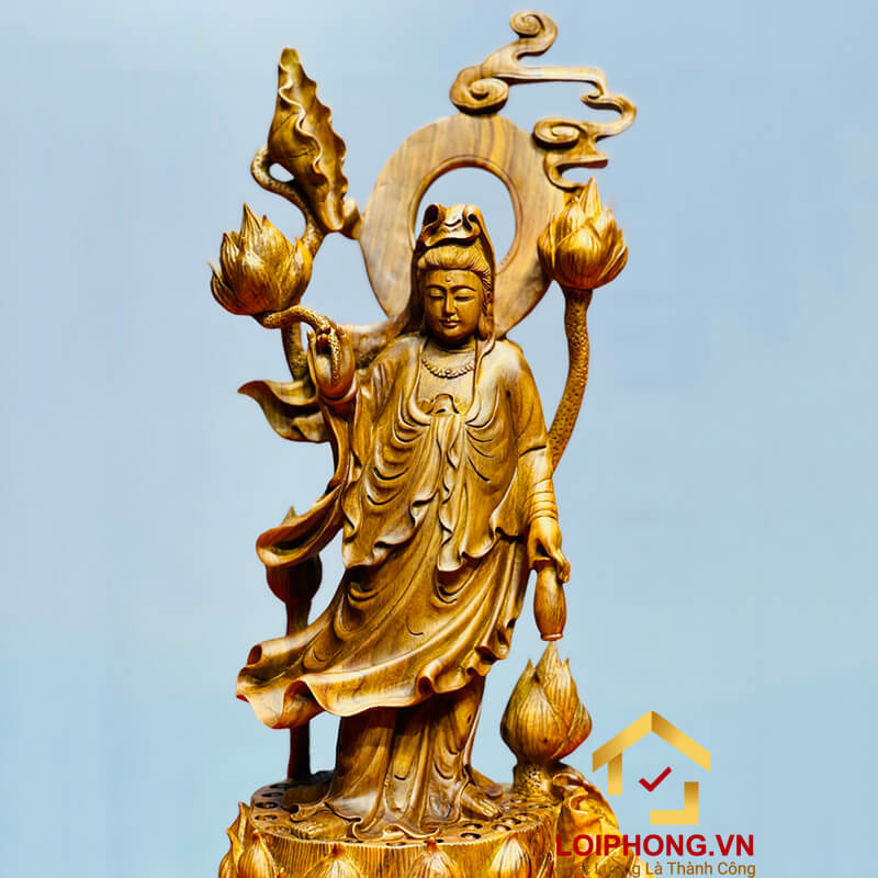 Tượng Phật Quan Âm đứng đài sen kích thước 57x25x17 cm