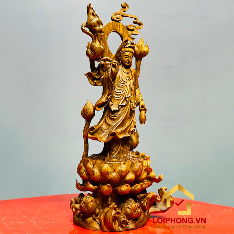 Tượng Phật Quan Âm đứng đài sen kích thước 57x25x17 cm