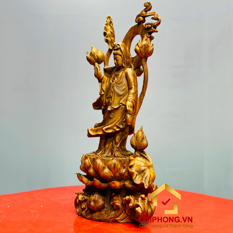 Tượng Phật Quan Âm đứng đài sen kích thước 57x25x17 cm