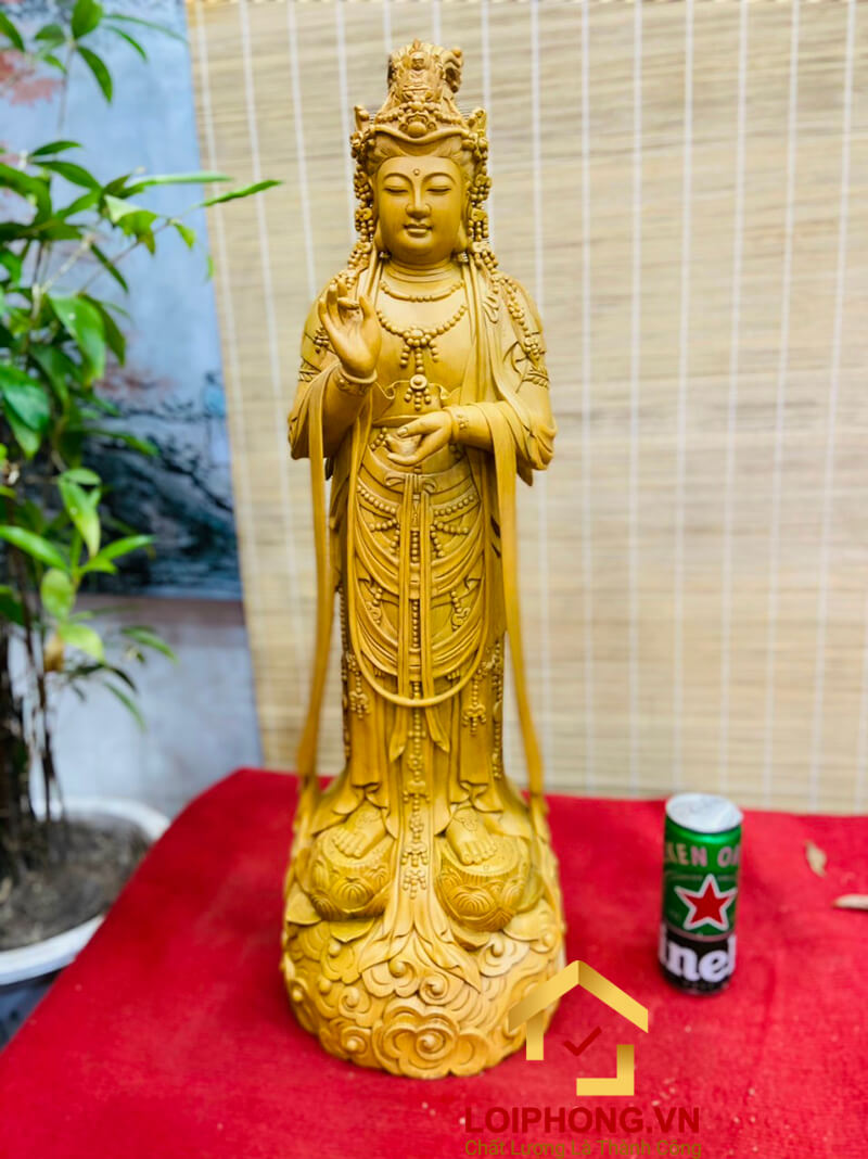 Tượng Phật Quan Âm đứng đài sen kích thước 70x23x21 cm