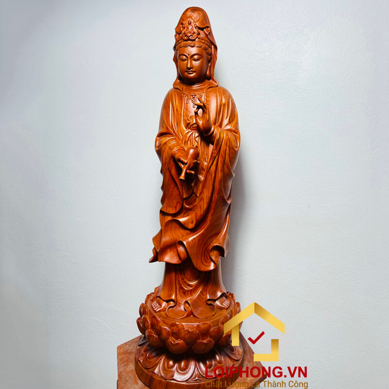 Tượng Phật Quan Âm đứng đài sen kích thước 80x25x23 cm