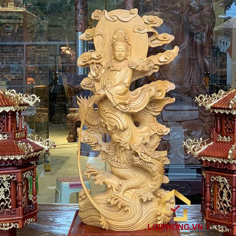 Tượng Phật Quan Âm ngự long kích thước 70x32x20cm