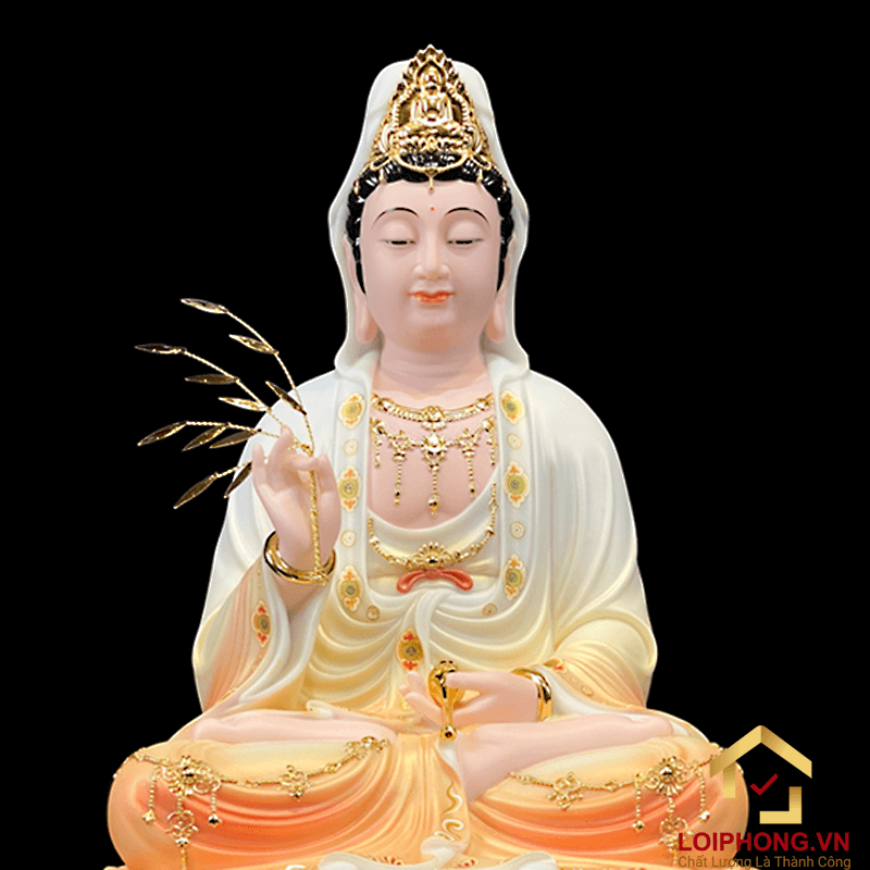 Tượng Phật Quan Âm bằng bột đá sơn phú quý cao 48 cm