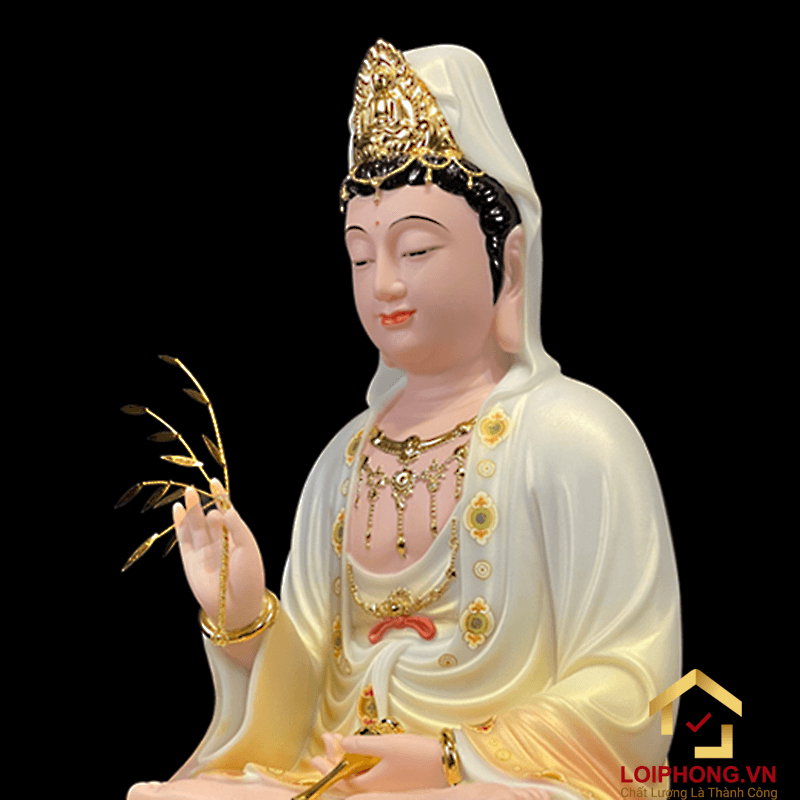 Tượng Phật Quan Âm bằng bột đá sơn phú quý cao 48 cm