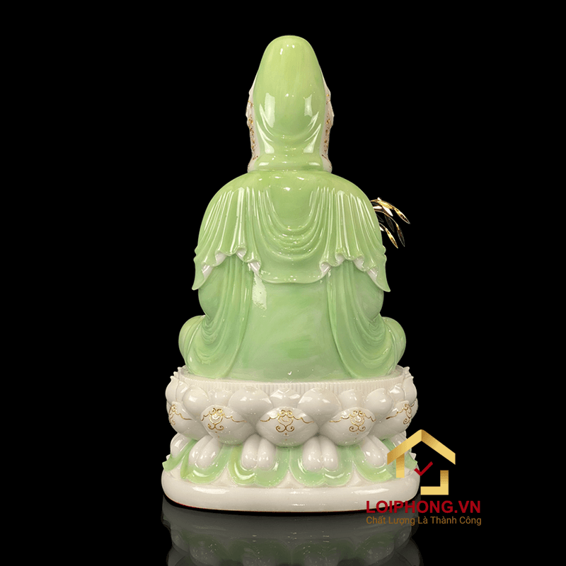 Tượng Phật Quan Âm bằng bột đá xanh trắng viền vàng cao 30-65 cm