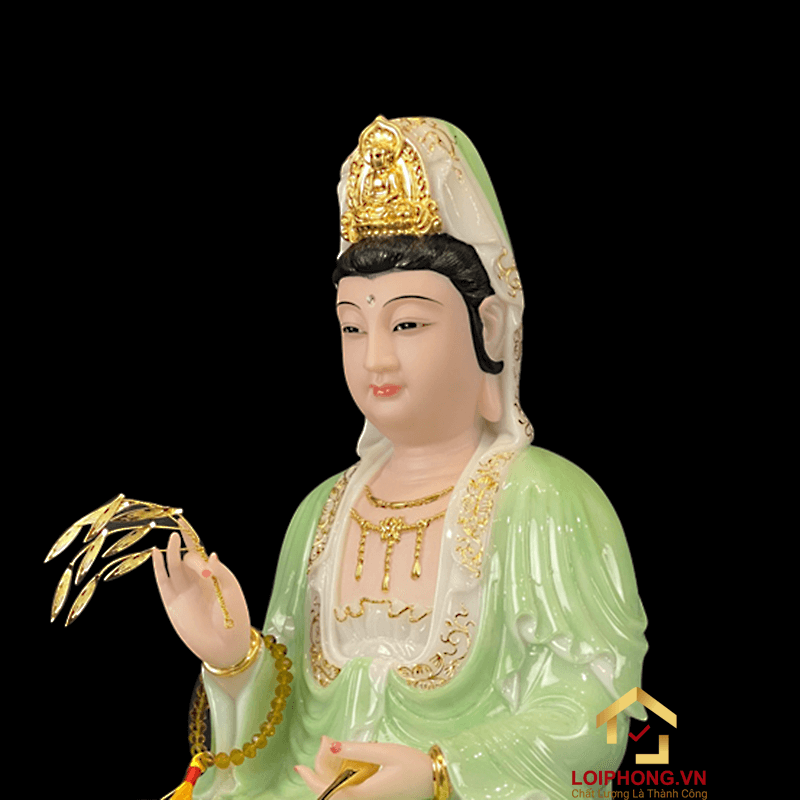 Tượng Phật Quan Âm bằng bột đá xanh trắng viền vàng cao 30-65 cm