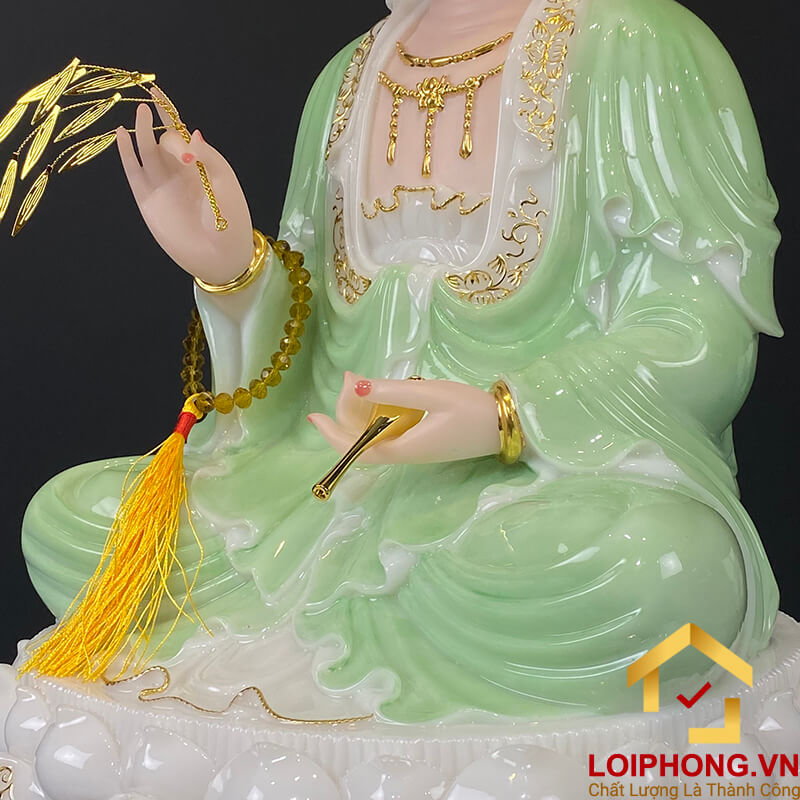 Tượng Phật Quan Âm bằng bột đá xanh trắng viền vàng cao 30-65 cm