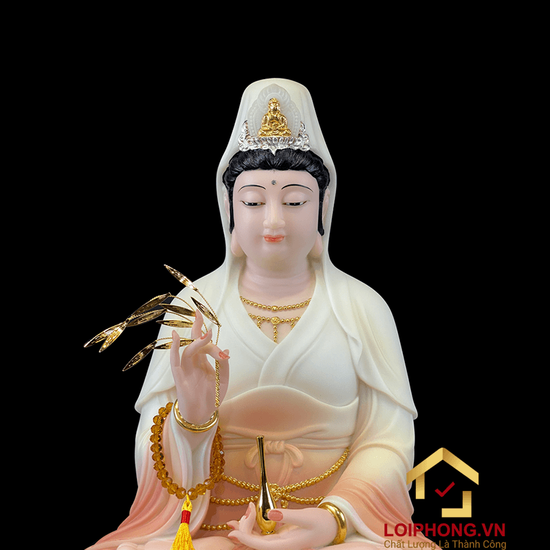 Tượng Phật Quan Âm bằng bột đá tọa đài sen vẽ hoa cao 30, 40 cm