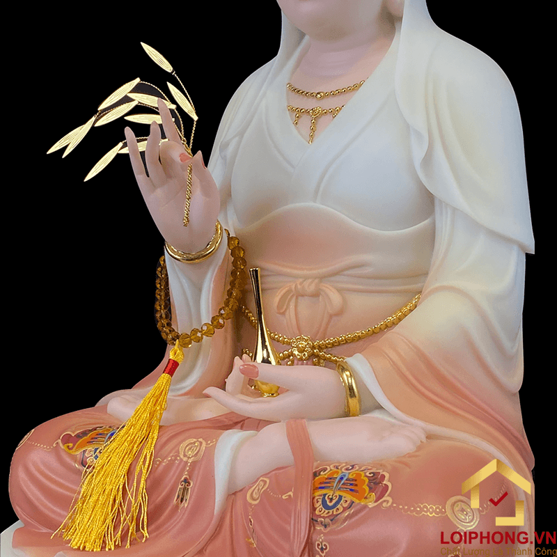 Tượng Phật Quan Âm bằng bột đá tọa đài sen vẽ hoa cao 30, 40 cm