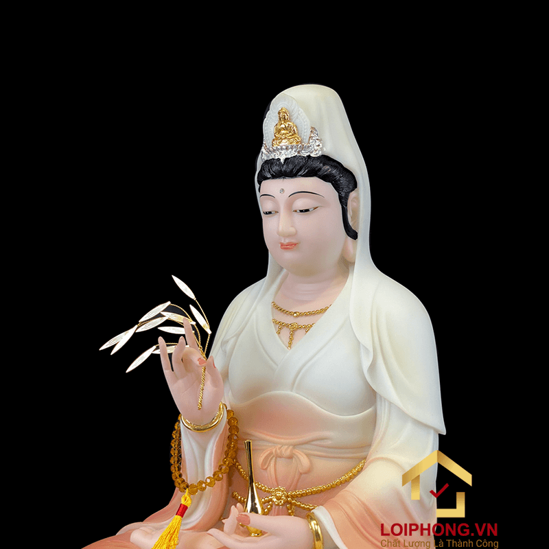 Tượng Phật Quan Âm bằng bột đá tọa đài sen vẽ hoa cao 30, 40 cm