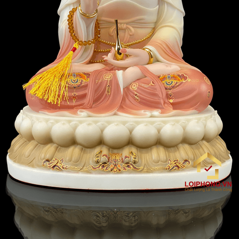 Tượng Phật Quan Âm bằng bột đá tọa đài sen vẽ hoa cao 30, 40 cm