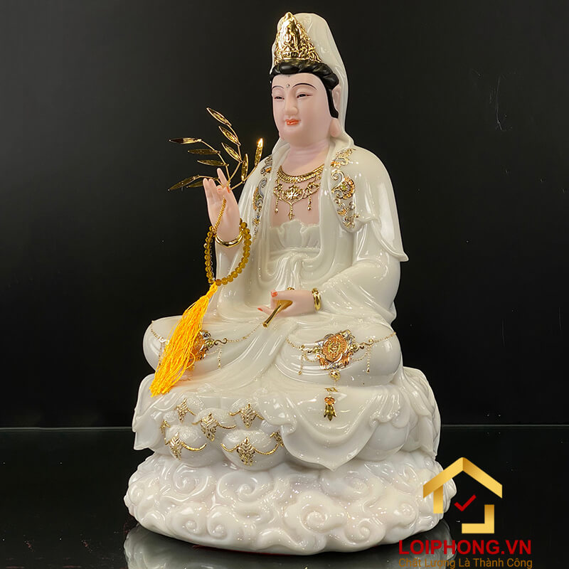 Tượng Phật Quan Âm bằng bột đá trắng viền vàng cao 30, 40, 48 cm