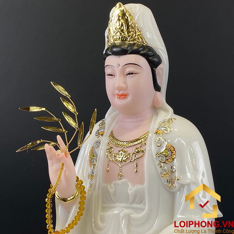 Tượng Phật Quan Âm bằng bột đá trắng viền vàng cao 30, 40, 48 cm
