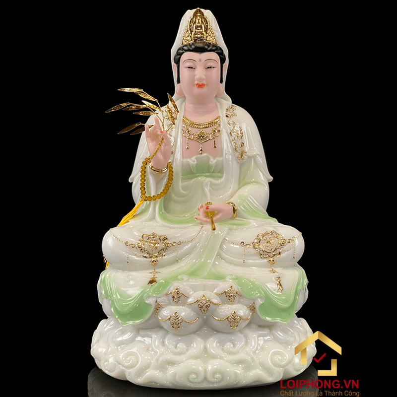 Tượng Phật Quan Âm bằng bột đá cảm thạch thiên thanh cao 30, 40, 48 cm