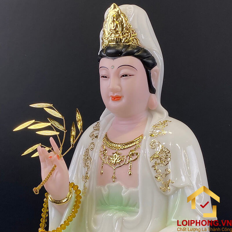 Tượng Phật Quan Âm bằng bột đá cảm thạch thiên thanh cao 30, 40, 48 cm